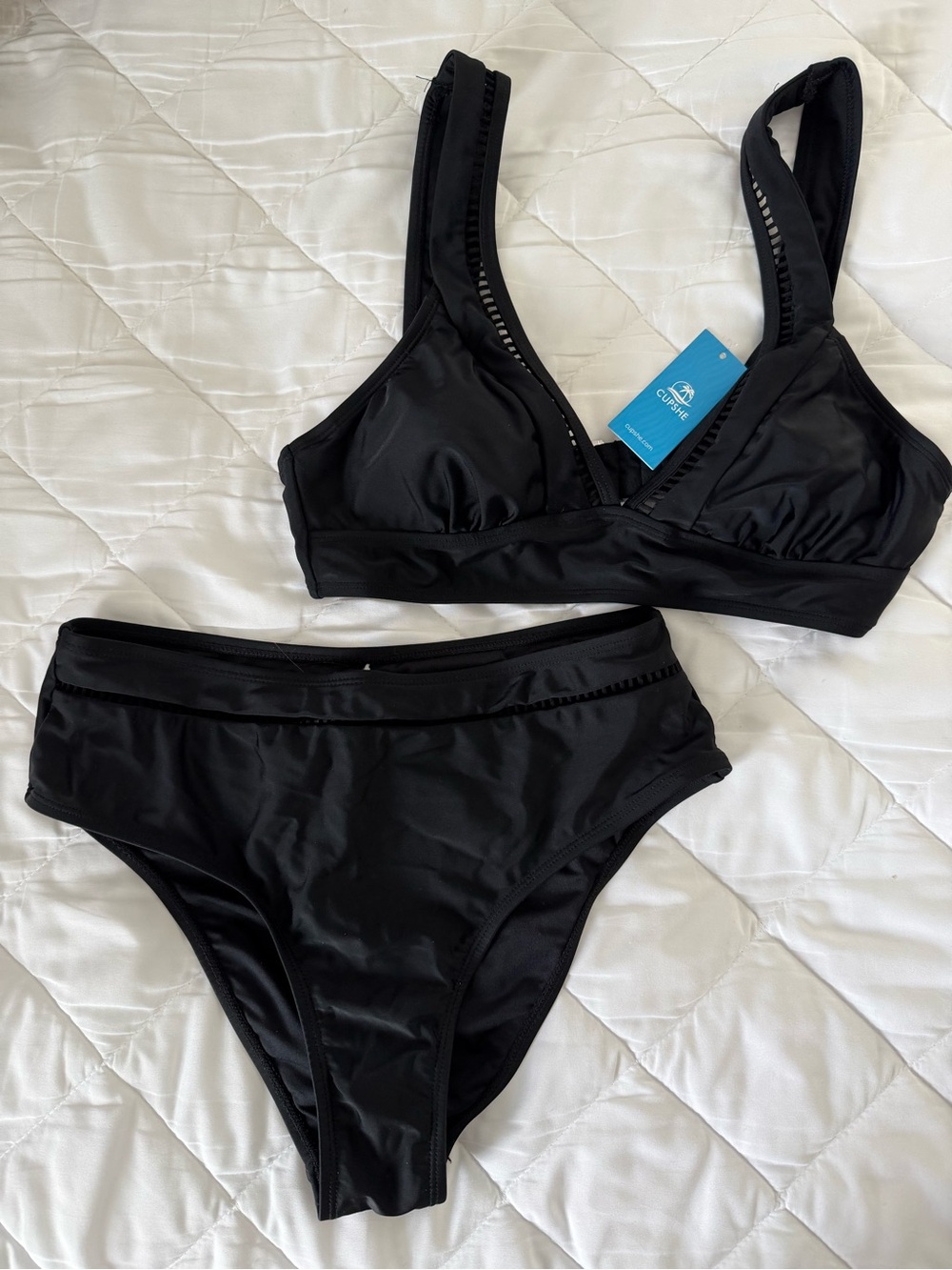 NWT CUPSHE Black Ladder Trim High Waist Bikini Top & Bottom